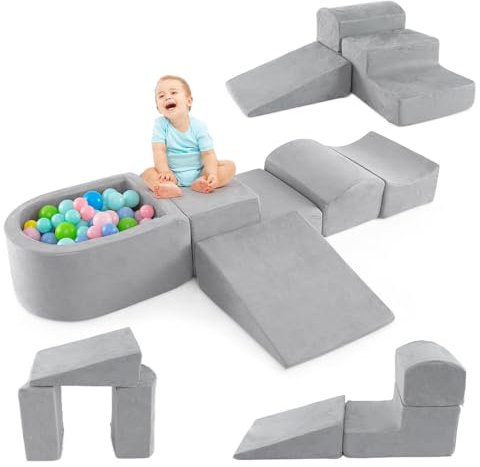 DREAMADE Parcours de motricité Bébé 5PCS avec Housse Lavable, Blocs de Construction avec Piscine à Balles, Module Motricité pour Enfant 3+ Ans (Gris)