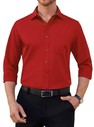 siliteelon Mens Shirts Wrinkle Free Shirts for Men Adult Red Regular Fit Stretch Dress Formal Work Casual Shirt Wedding Party Shirt L