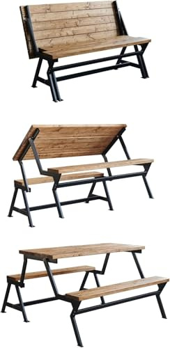 UNIPAS Lea Klapptisch und Bank, 3-in-1, zusammenklappbar, Picknick-Bank, Tisch-Set, Esstisch-Set, Massivholz, Gartenmöbel/Camping-Grillstühle, Hocker (aufgeklappt: 145,5 x 158 x 83,6 cm), Teakfarben