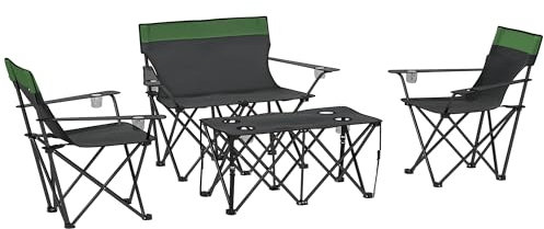 Outsunny 4 Piece Foldable Camping Table and Chairs Set, Portable Picnic Table with 3 Chairs, Cup Holders and Carrying Bag, Outdoor Lightweight Table Set for BBQ, Picnic, Parties, Olive Green