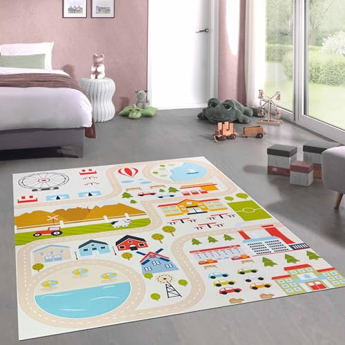 CARPETIA Alfombra Mapa de la Ciudad con Calles y Casas Antideslizante Plana Robot Aspirador Adecuada Resistente fácil de cuidar Alfombra educativa para niños niñas Beige 160 x 220 cm