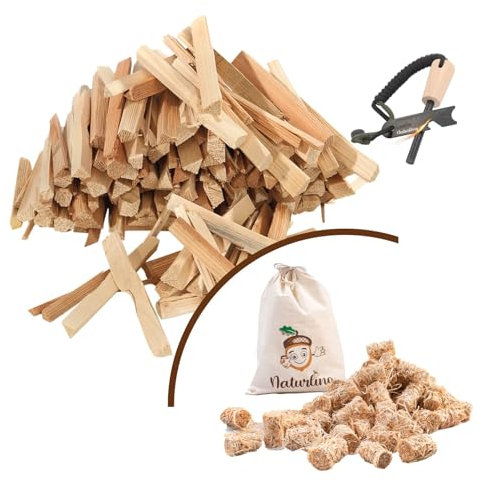 naturling Anzündholz 4 kg - harzhaltiges Brennholz für Grill und Kamin mit Holzwolle Anzünder 200 g & Feuerstarter als Zugabe