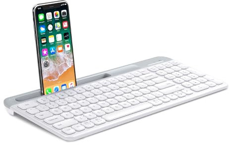 PopBloom K580 Multi-Device Slim Wireless Bluetooth Keyboard, Built-in Cradle for Device; for Laptop, Tablet, PC, Smartphone, Win/Mac- pure white