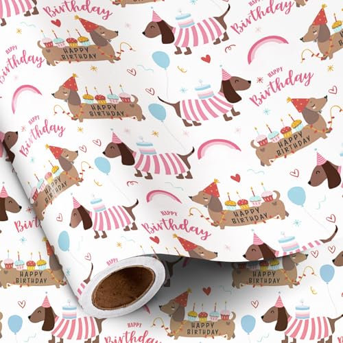 RUSPEPA Hunde-Geburtstags-Geschenkpapierrolle für Mädchen,rosa Dackel mit Kuchen, Ballon und „Happy Birthday“-Schriftzug, Geschenkpapier für Kinder, Tierliebhaber und Welpenpartys, 43,2 cm x 5 m