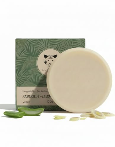 ANYMALE® Premium Rasierseife Lemongrass Aleo Vera 100g für Damen & Herren - Handgefertigt in Deutschlands ältester Seifenmanufaktur - Für Rasierhobel & Rasiermesser - Bart- & Rasier Seife vegan