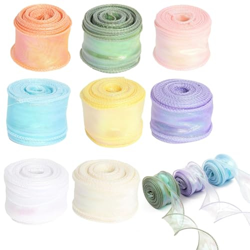 8 Rollen Organzaband,Chiffonband,Geschenkband Breit,Dekorative Bänder,Schimmernde Transparente Seidenband,Transparentes Schleifenband für Basteln Blumenstrauß Geschenkbandschleifen Hochzeit-4cm x 9m