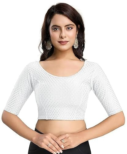 Accessorize Kingdom Women's Dobby Pure Cotton Elastin Stretchable Readymade Round Neck Elbow Length Sleeves Blouse Choli Stylish Saree Blouse (White, XL)