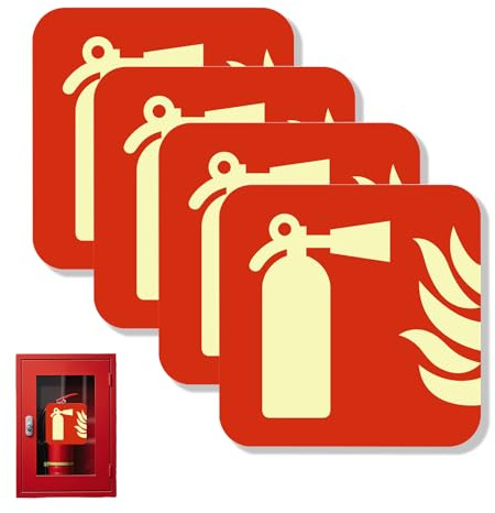VYNZOR 4 Piezas Señal Extintor Luminiscente, Cartel de Seguridad Autoadhesivo de PVC, 10x10 cm para Puerta y Pared, Alta Resistencia a la Intemperie, Perfecto para Oficina, Escuela y Almacén