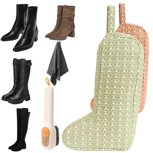 The Boot Bag of Your Dreams,Dustproof Quilted Boot Bag,Portable Tall Cowboy Boots Storage Bags,Boot Storage,Quilted Shoe Protector with Handle,Cabinet Organizer Packing (Green + Orange, 2pcs)