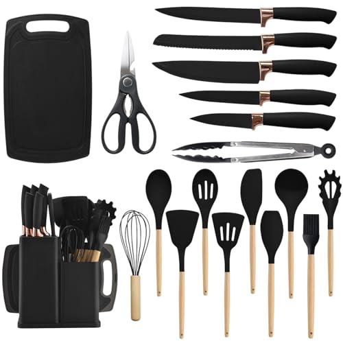 Tatqilo 19-Piece Kitchen Utensils Set, 11PCS Silicone Cooking Utensils and 5PCS Sharp Knife Sets, Knife Block & Chopping Board, Silicone Spatulas Set, Wooden Handle- Kitchen Tools & Accessories