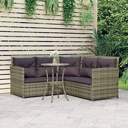 JHQHSM 2-TLG. L-Form Sofagarnitur mit Kissen Grau Poly Rattan, Wetterbeständige PE Rattan Gartenmöbel mit Stahlrahmen und Hartglas Tischplatte für Terrasse