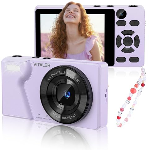 Macchina Fotografica Digitale 64MP 4K con Doppio Obiettivo,Batteria da 2000 mAh,Scocca in Lega di Zinco,Schermo LCD da 2,8,Zoom Digitale 18x per Principianti(Lilla,NESSUNA SCHEDA SD)