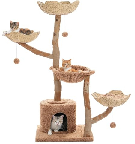 PETEPELA Kratzbaum für Wohnungskatzen, 150 cm hoher moderner Katzenbaum für große Katzen, mit 3 großen Körben, aus massivem Naturholz, Luxus-Katzenhaus mit Hängematte, modernes Möbel, Braun