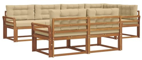 vidaXL Outdoor-Sofagarnitur mit Kissen 7 pcs Natur und Beige, Sofa-Set aus Akazienholz, wetterfeste modulare Gartenmöbel, Outdoor Lounge, Flexibles Sectional-Sitzarrangement