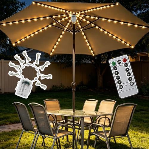 Sonnenschirm Beleuchtung Batterie, 104 LEDs Sonnenschirm Lichterkette mit Fernbedienung 8 Modi IP67 Wasserdicht, LED Lichtbänder Stripes für Garten Parasol Camping Party Outdoor Dekoleuchte