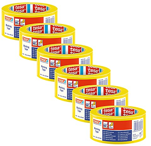 tesa 60760 nastro per marcatura pavimenti in PVC morbido, confezione da 6, per etichettatura temporanea di aree di lavoro interne Giallo, 33 m x 5 cm ciascuno
