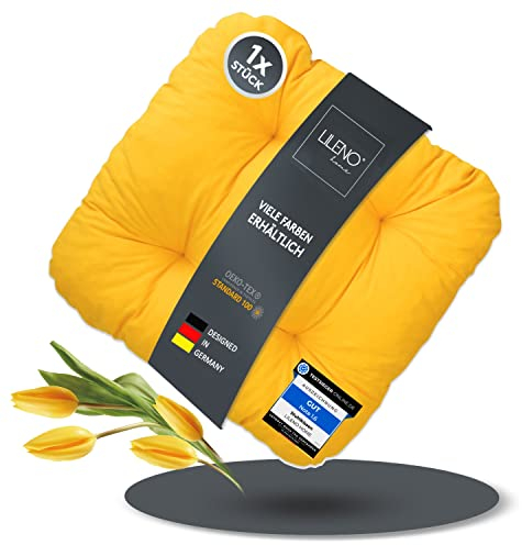 LILENO HOME 1er Set Stuhlkissen Gelb (38x38x8 cm) - Sitzkissen für Gartenstuhl, Küche oder Esszimmerstuhl - Bequeme UV-beständige Indoor u. Outdoor Stuhlauflage als Stuhl Kissen