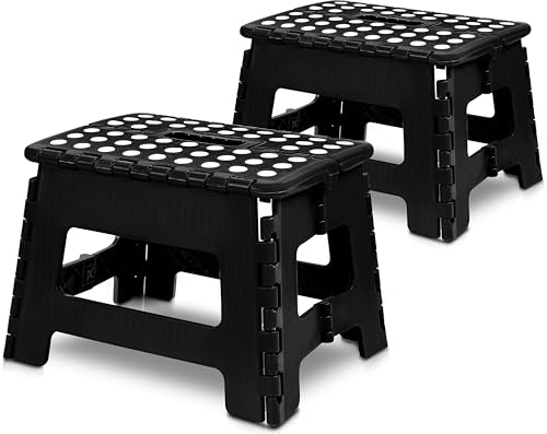 Utopia Home Sgabello pieghevole da 9 pollici, superficie antiscivolo per bambini e adulti, sgabello pieghevole con maniglia, capacità di carico di 300 libbre, confezione da 2, nero