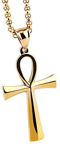 ZBOMR hommes en acier inoxydable copte Ankh croix pendentif religieux collier, mode clé égyptienne de vie Ankh croix collier bijoux unisexe, chaîne de 20 pouces (Gold)