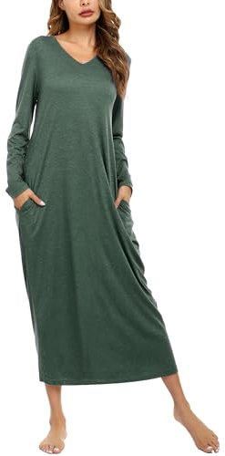 Sykooria Chemise de Nuit Femme Manche Courte & Long en Coton Doux Robe de Nuit Ourlet à Volants Grande Taille,S,A-vert