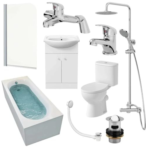 Affine Bathroom Suite 1700mm Single Ended Bath Screen Close Coupled Rimless Toilet Basin Vanity Unit Taps Shower Waste