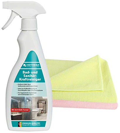 HOTREGA Bad und Sanitär Kraftreiniger 500 ml Sprühflasche inkl. 2 Microfasertücher, Badreiniger, Sanitärreiniger