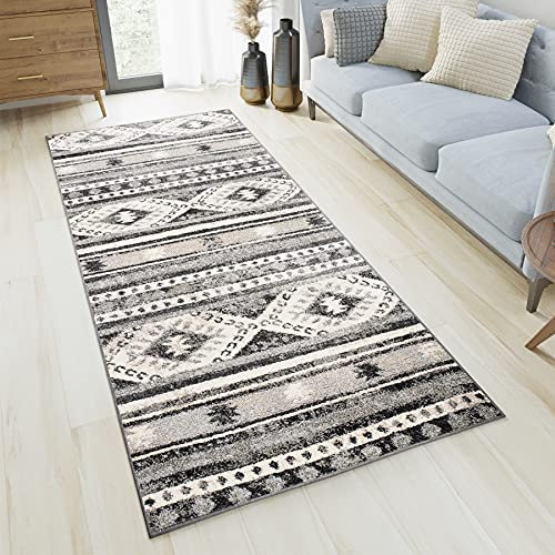 TAPISO Ethno Teppich Läufer Kurzflor Schlafzimmer Flur Grau Schwarz Creme Karo Streifen Meterware Modern Design Oriental Marokkanisch ÖKOTEX 70 x 250 cm