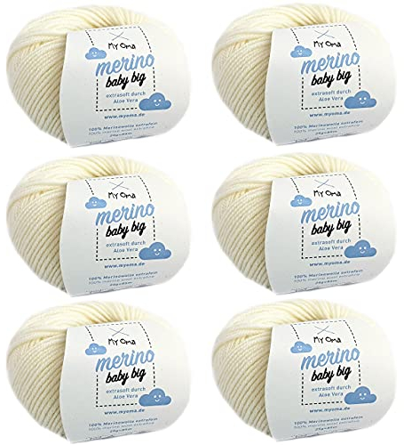 Baby Wolle - Merino Baby Big naturweiß (Fb 8000) - 6 Knäuel Babywolle weiß + GRATIS Label - Babywolle flauschig - 25g/85m - Nadelstärke 4mm - Merinowolle Baby Natur - Myoma Babywolle Stricken weich