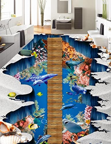3D Wandbild Wandtattoo Tapete Selbstklebende 3D Bodenfliesen Brücke Delphin Wasserdichte Tapete Für Badezimmer Pvc Wasserdicht Für Küche 3D Boden Wandbilder Fotodruck,430X300Cm Wandaufkleber Decal W