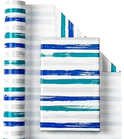 RUSPEPA Geschenkpapierrolle – Blauer, Marineblauer Und Grauer Liniendruck Für Geburtstag, Urlaub – 43,2 cm X 10 m