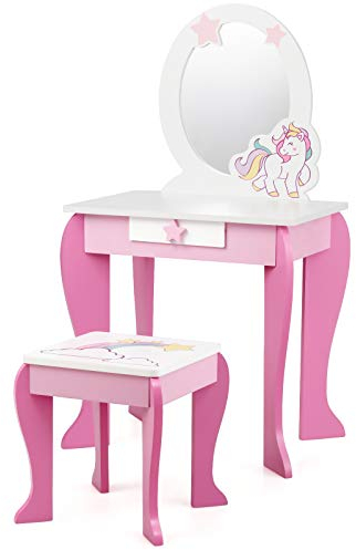 COSTWAY Kinder Schminktisch mit Hocker,rosa Frisierkommode,Prinzessin Frisiertisch Schublade & Abnehmbarer Spiegel,Schminkkommode für Mädchen von 3-7 Jahren (Rosa)