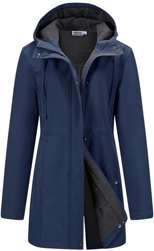 Outdoor Ventures Veste de pluie Softshell pour femme,Veste de pluie fonctionnelle et légère,Coupe-vent,Imperméable,Veste de randonnée respirante avec capuche pour printemps,Bleu marine,Taille 3XL