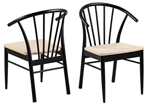 AC Design Furniture Kenna Esszimmerstuhl mit Rückenlehne, 2er-Set, geflochtenes Papier im skandinavischen Stil und mattSchwarze Eiche, s Küchenset, Esszimmer oder Akzentstuhl