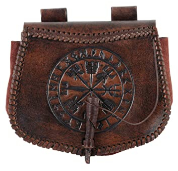 Battle-Merchant | Mittelalter Gürteltasche mit Vegvísir-Prägung aus Leder | Bauchtasche für Damen und Herren in Braun | Wikinger Reenactment Ledertasche für den Gürtel