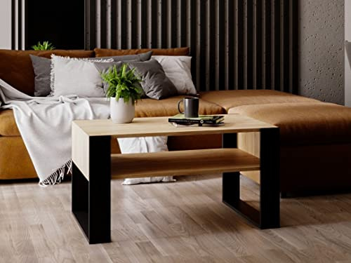 MRBLS_HOME MRBLS Couchtisch – modernes rustikales Design – Wohnzimmer-Tisch Beistelltisch Kaffeetisch Sofatisch Teetisch aus Holz (Eiche - Schwarz Matt) - 92 x 45 x 53,6 cm (B/H/T)