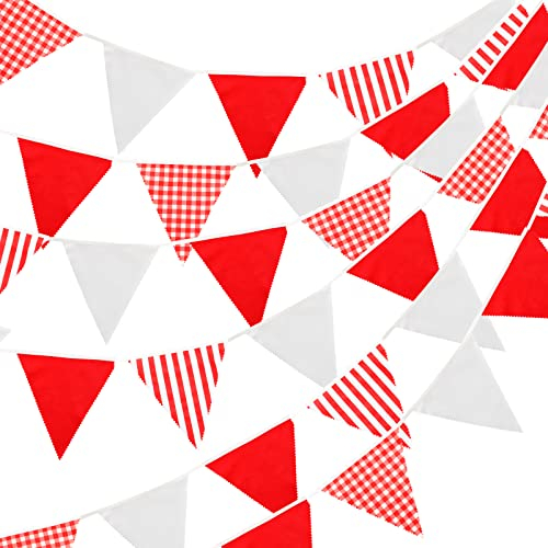jijAcraft 12M Stoff Wimpel Girlande, Wimpelkette Streifen Rot Stoff Stoffgirlande mit 42 STK Farbenfroh Wimpeln für Hochzeits Geburtstag Garten Party