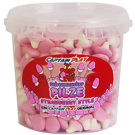 CAPTAIN PLAY Schaumzucker Pilze Erdbeere, 500g Party Bucket Süßigkeiten Großpackung mit leckeren Retro Süßigkeiten