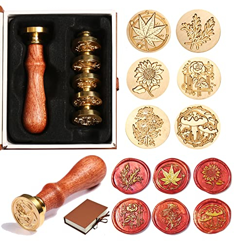 Comealltime Wachssiegel Stempel Set - 6pcs Kupfer Wachs Siegel Stempel und Abnehmbarer Holzgriff, Siegelwachs Stempel(Rose,Weizen,Sonnenblume,Gänseblümchen,Pilz,Ahorn) für DIY Umschläge Dekor (Plant)