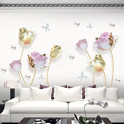 Runtoo Adesivi Murali Fiori Grandi 3D Adesivi da Parete Tulipano Floreali Oro Decorazioni Muro Soggiorno Camera da Letto Cameretta Bimba Bagno