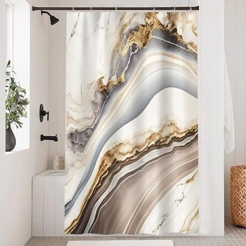 Uiiooazy Rideau Douche Anti Moisissure, Rideau de Douche 120x200cm Brun Effet Marbre Gris Jaune Rideaux de Baignoire Tissu Lavable Imperméable Polyester Rideaux Salle de Bain avec 8 Crochets