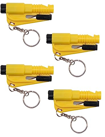 The Jungle - Porte-clés Sécurité 3 en 1 - Brise-Vitre d'urgence - Coupe-Ceinture de Voiture - Sifflet de Survie, Jaune Fluorescent, 4 Unités