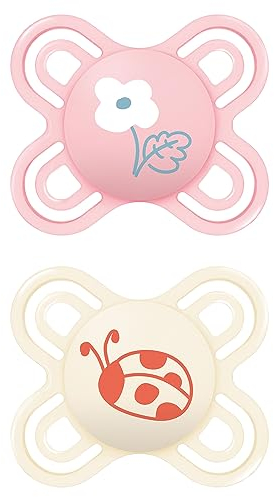 MAM Perfect Start Schnuller im 2er-Set, speziell für Neugeborene, zahnfreundlicher Baby Schnuller aus nachhaltigen & bio-erneuerbaren Materialien, mit Schnullerbox, 0-2 Monate, Blume/Marienkäfer