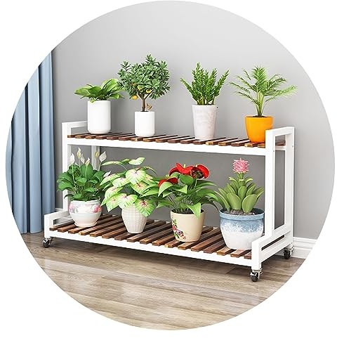LIGUOYI Pflanzenregal Innen Außen Blumentopf Ständer Display Rack, Holz-Pflanzenregal Mit Rollen, 2 Ebenen 3 Ebenen Stahlgestell Rack Lagerregal Höhenverstellbar Für Garten, Balkon, Wohnzimmer
