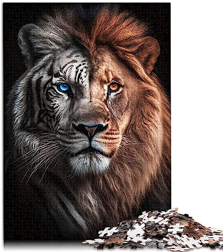 Löwen-Tiger-Portrait-Puzzle, 1000 Teile, für Erwachsene, Holzpuzzle, Familienspiel, Stressabbau, schwieriges Herausforderungspuzzle, 19,7 x 29,5 Zoll