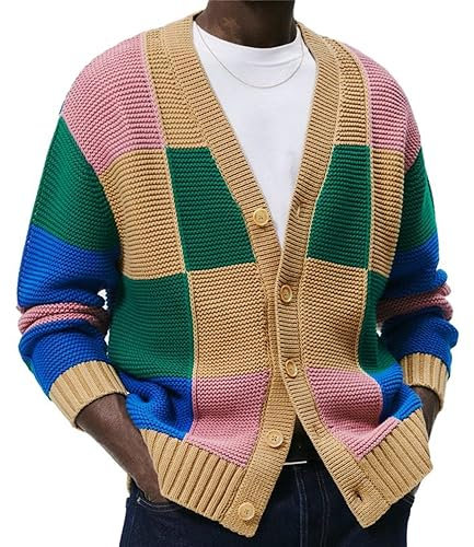 WESBR Strickjacke Herren Casual Trend Farbabstimmung Gestrickter Jacke Herren Einfachheit Trend Komfortabel Jacke Herren Jugend Klassisch All-Match Langarm Sweater Jacke Herren B-Yellow L