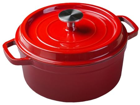 HOUSN Dutch oven pot with lid, non-stick-enameled cast iron cooking pot 22 cm, non-stick pan with double handle for braising for camping on the,Red