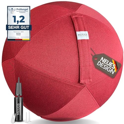 MEGGS® Stoff-Sitzball 65cm, Ergonomisch Sitzen im Büro & Zuhause, [Wegrollschutz & Platz-Sicher], Pezziball, Yoga-Ball, Gymnastikball für Schwangerschaft, Waschbarer Stoffbezug, Farbe: Rot