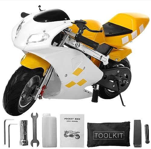 49cc 2-Stroke Pocket Bike,Mini Gas Motorbike,Off Road Trail Bike Dual Headlights Rubber Handlebar 1.25L Gas Tank Motorcycle Strong Power 170 lbs Mini Bike Motorcycle USA Warehouse (White & Yellow)