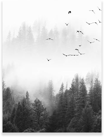 ROSVIOL Poster mit Nebelwald, Schwarz-Weiß-Wandkunst, neblige Berge, Naturlandschaft, Bild, Leinwand, Wandkunst, Baum und Vögel, Kunstdrucke, Leinwand, Gemälde, Poster, Zimmer-Wanddekoration,