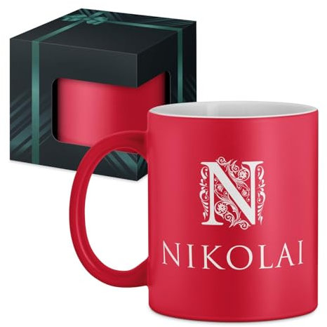 Maverton Keramik Kaffeetasse 330ml mit Gravur - Kaffeebecher mit funktionellem Henkel - personalisierter Keramikbecher für Männer zum Geburtstag zu Weihnachten - matt rot - Innen weiß - Name